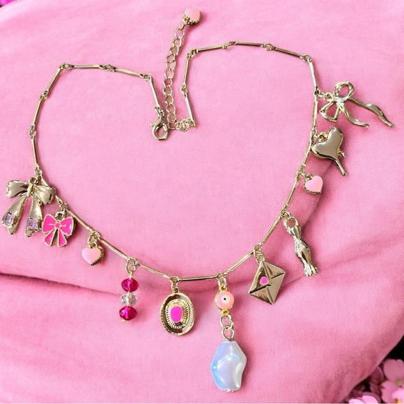 Pink bows and love charms charm necklace. Gold toned delicate chain 15.5”-17.5” - Picture 9 of 16